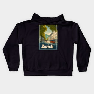This vibrant travel poster showcases Zurichs classic architecture and picturesque streets, featuring red trams weaving through a lively Kids Hoodie
